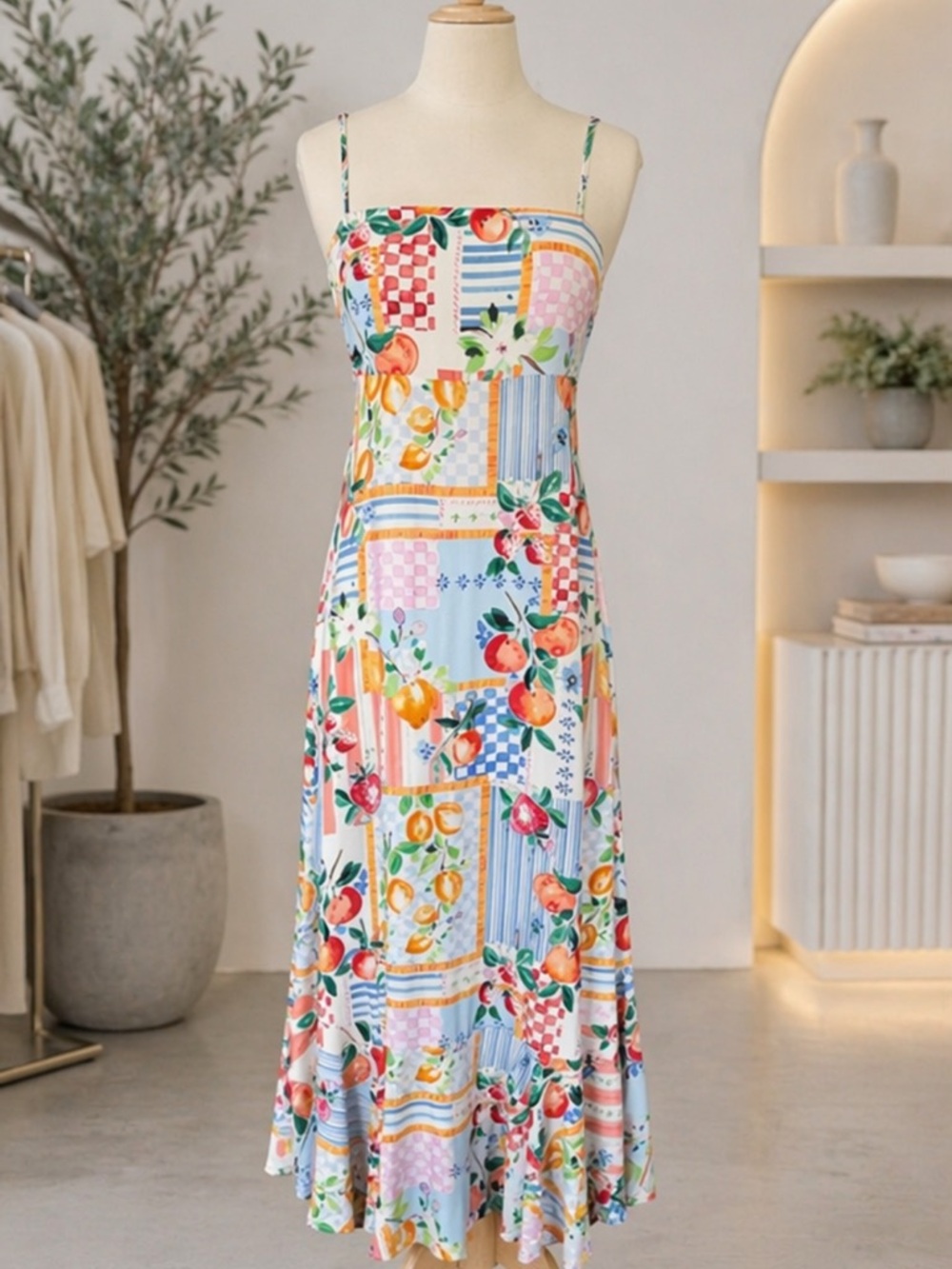 Paper Heart Anthropologie Orchard Fruits Maxi Tie Back Ruffle Dress Sz L